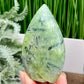 Prehnite with Epidote Flame Free Form Crystal Carving 204g