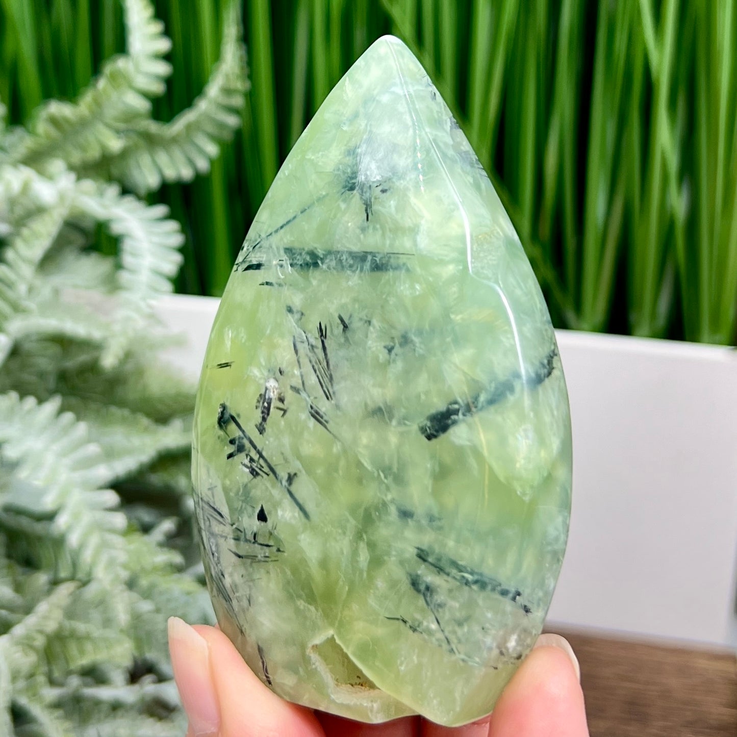 Prehnite with Epidote Flame Free Form Crystal Carving 204g