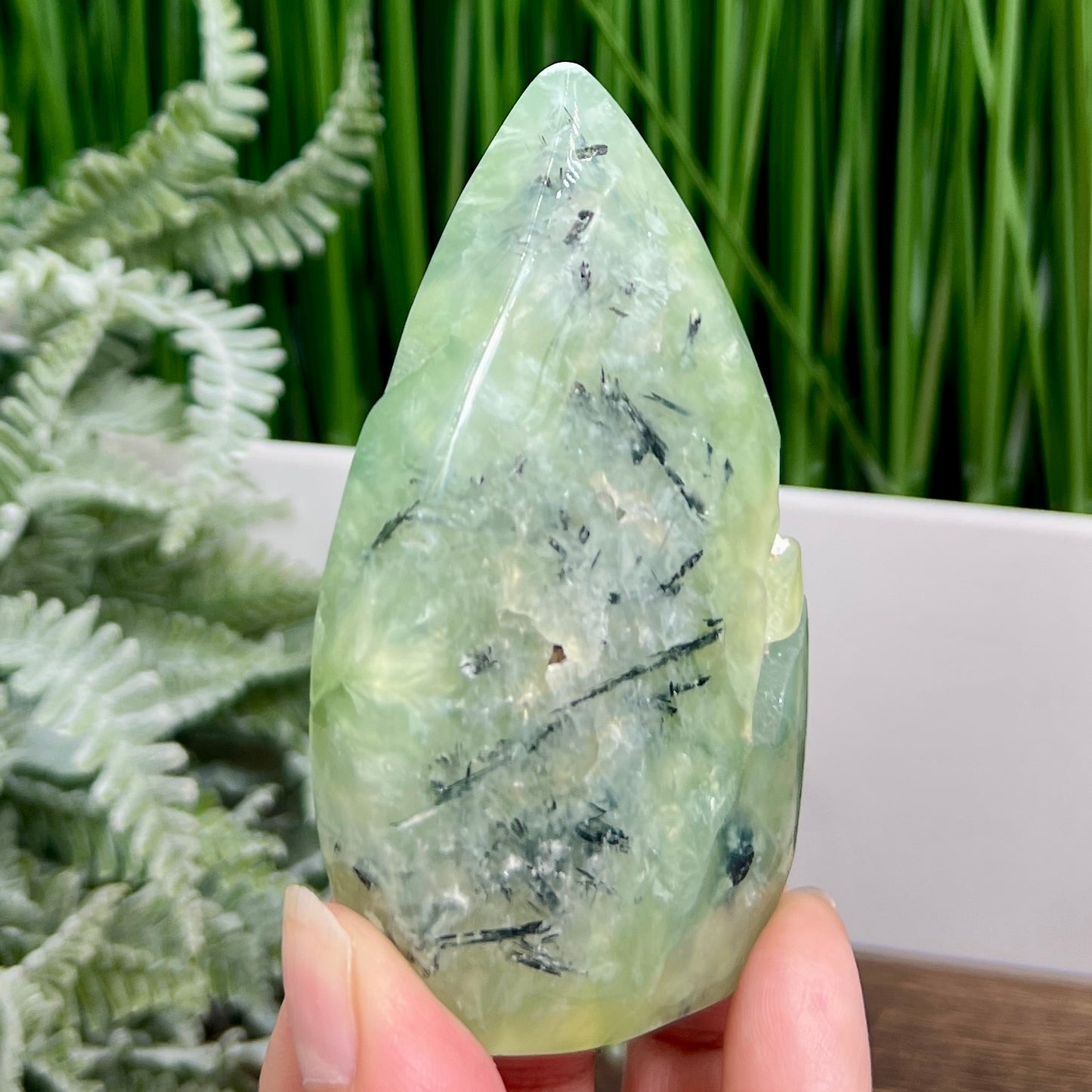 Prehnite with Epidote Flame Free Form Crystal Carving 204g