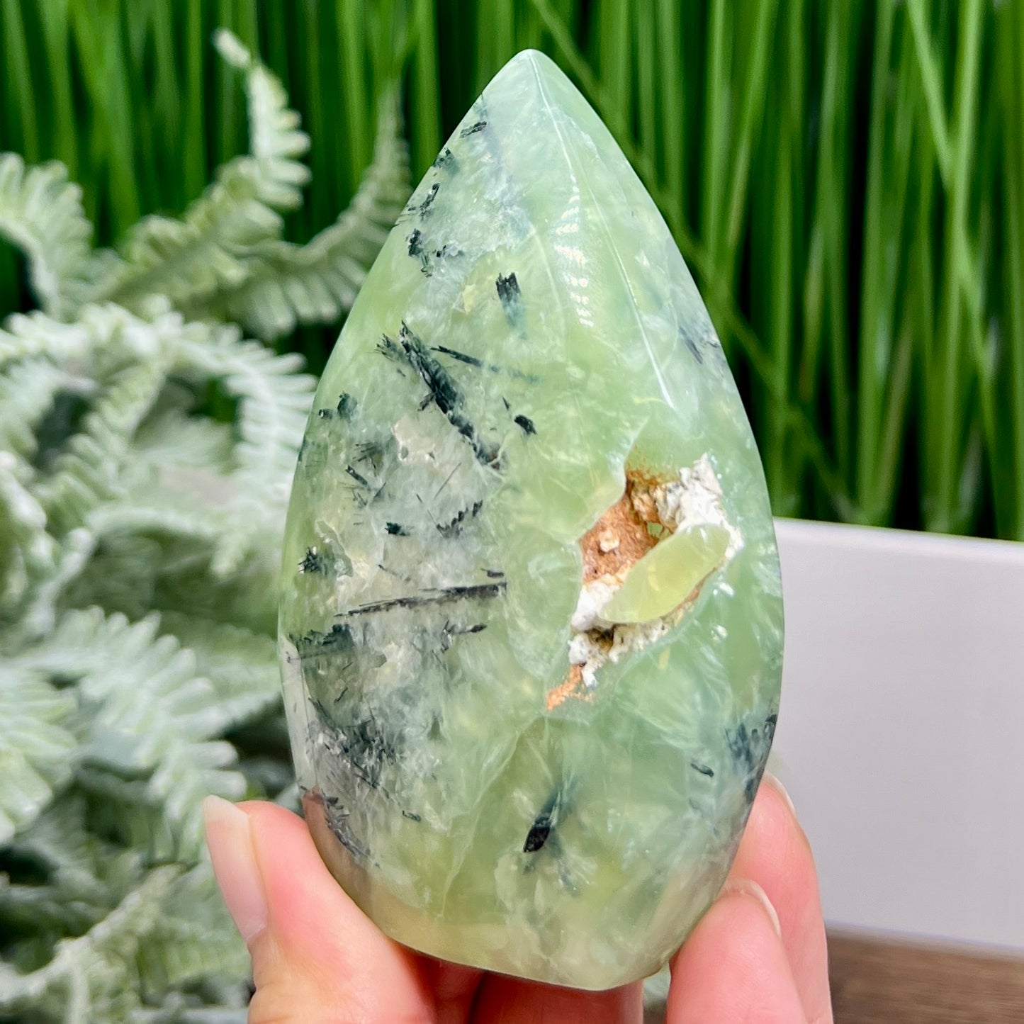 Prehnite with Epidote Flame Free Form Crystal Carving 204g