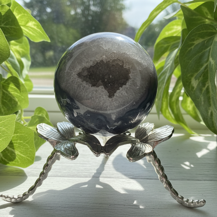 Volcanic Agate Quartz Sphere UV Reactive Crystal Ball 226g 56mm