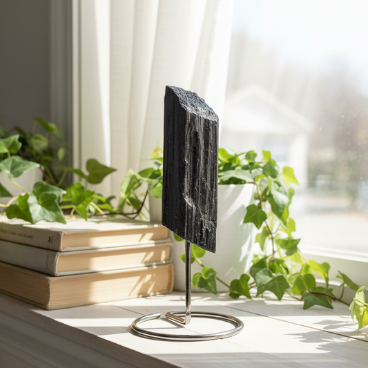 Black Tourmaline Schorl Hay Stack Raw Specimen with Stand Crystal 230g