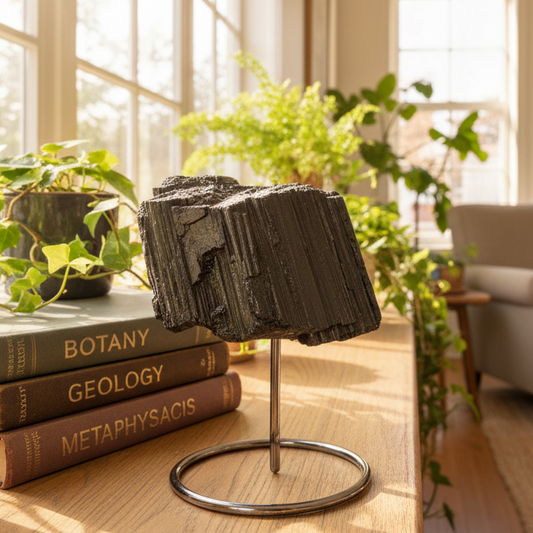 Black Tourmaline Schorl Hay Stack Raw Specimen with Stand Crystal 599g