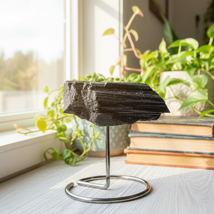 Black Tourmaline Schorl Hay Stack Raw Specimen with Stand Crystal 204g
