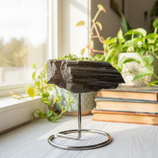 Black Tourmaline Schorl Hay Stack Raw Specimen with Stand Crystal 204g