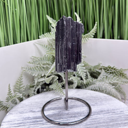 Black Tourmaline Schorl Hay Stack Raw Specimen with Stand Crystal 140g