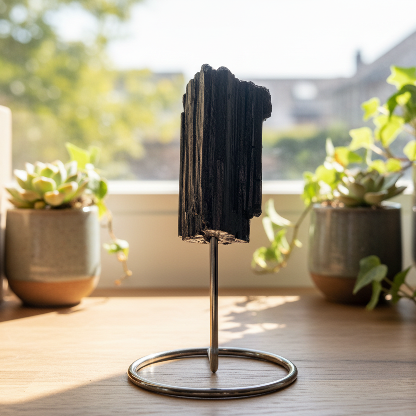 Black Tourmaline Schorl Hay Stack Raw Specimen with Stand Crystal 140g