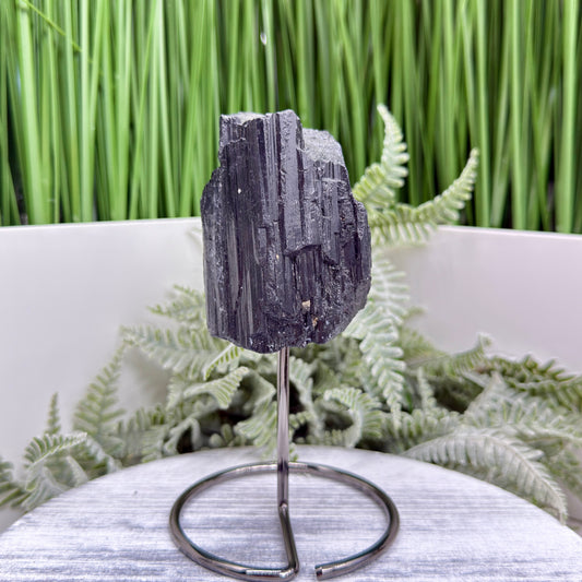 Black Tourmaline Schorl Hay Stack Raw Specimen with Stand Crystal 251g
