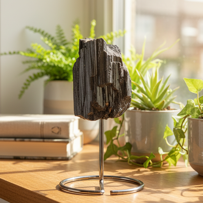 Black Tourmaline Schorl Hay Stack Raw Specimen with Stand Crystal 251g