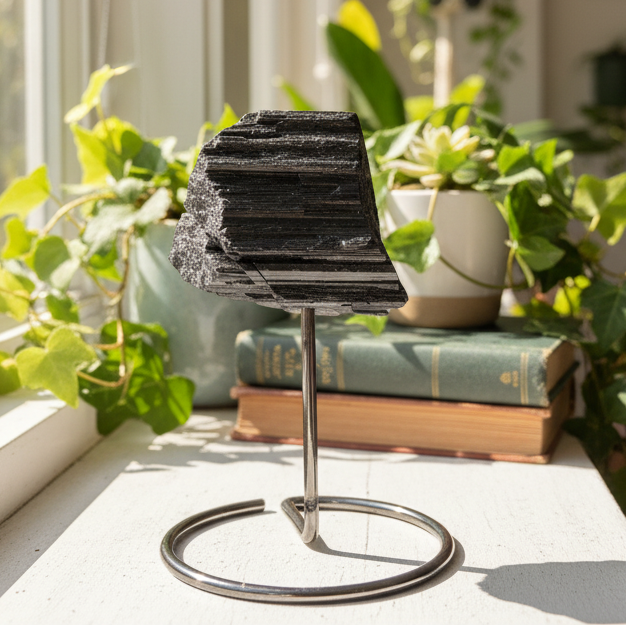 Black Tourmaline Schorl Hay Stack Raw Specimen with Stand Crystal 195g