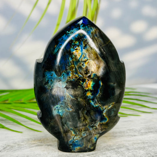 Fire Labradorite Leaf Flashy Crystal Carving 382g