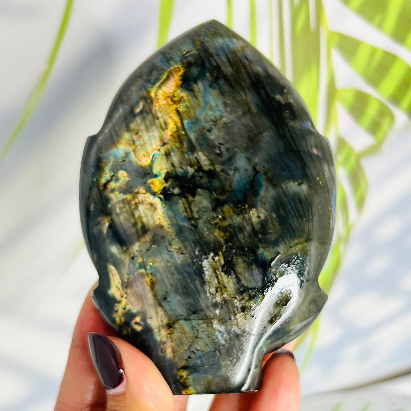 Fire Labradorite Leaf Flashy Crystal Carving 382g