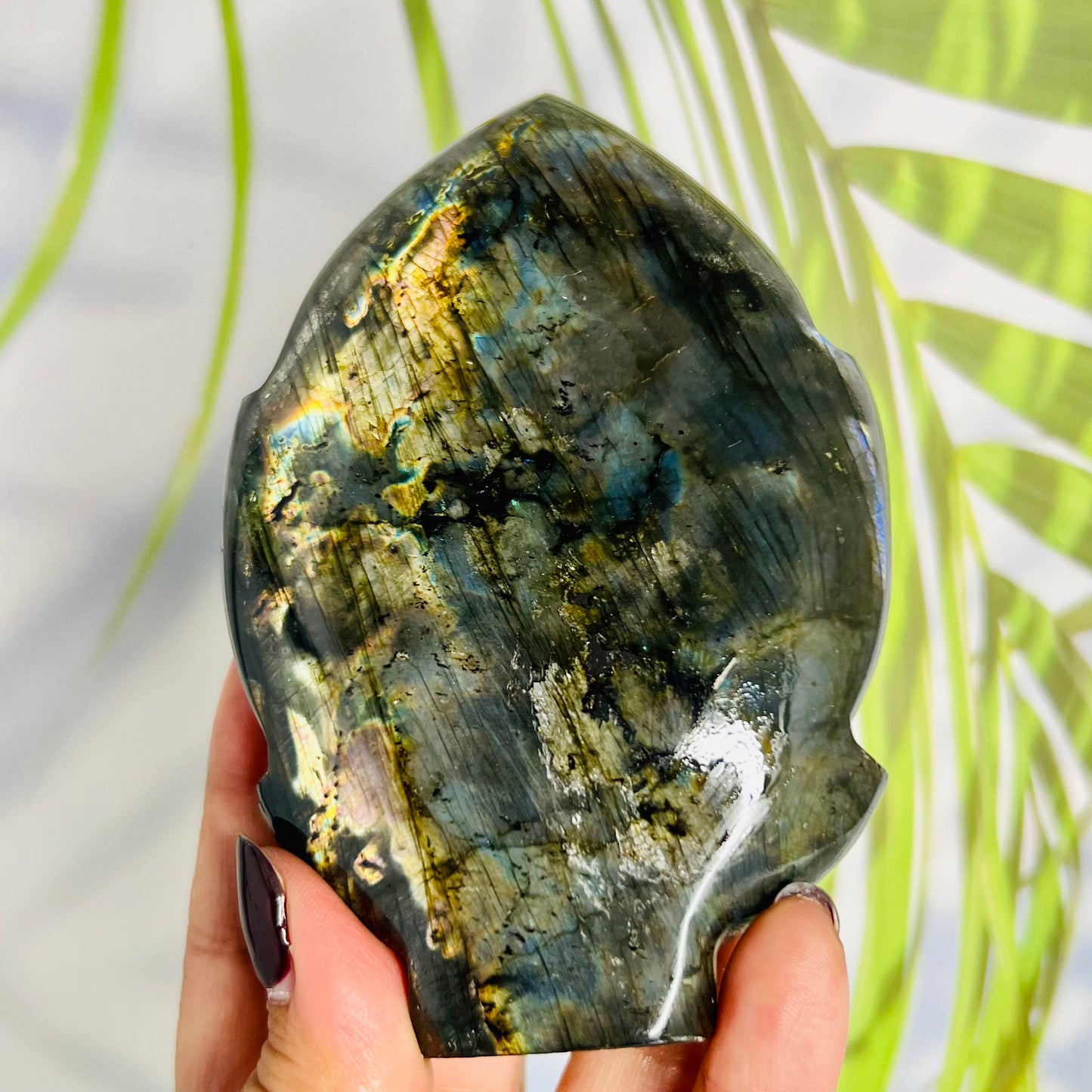 Fire Labradorite Leaf Flashy Crystal Carving 382g