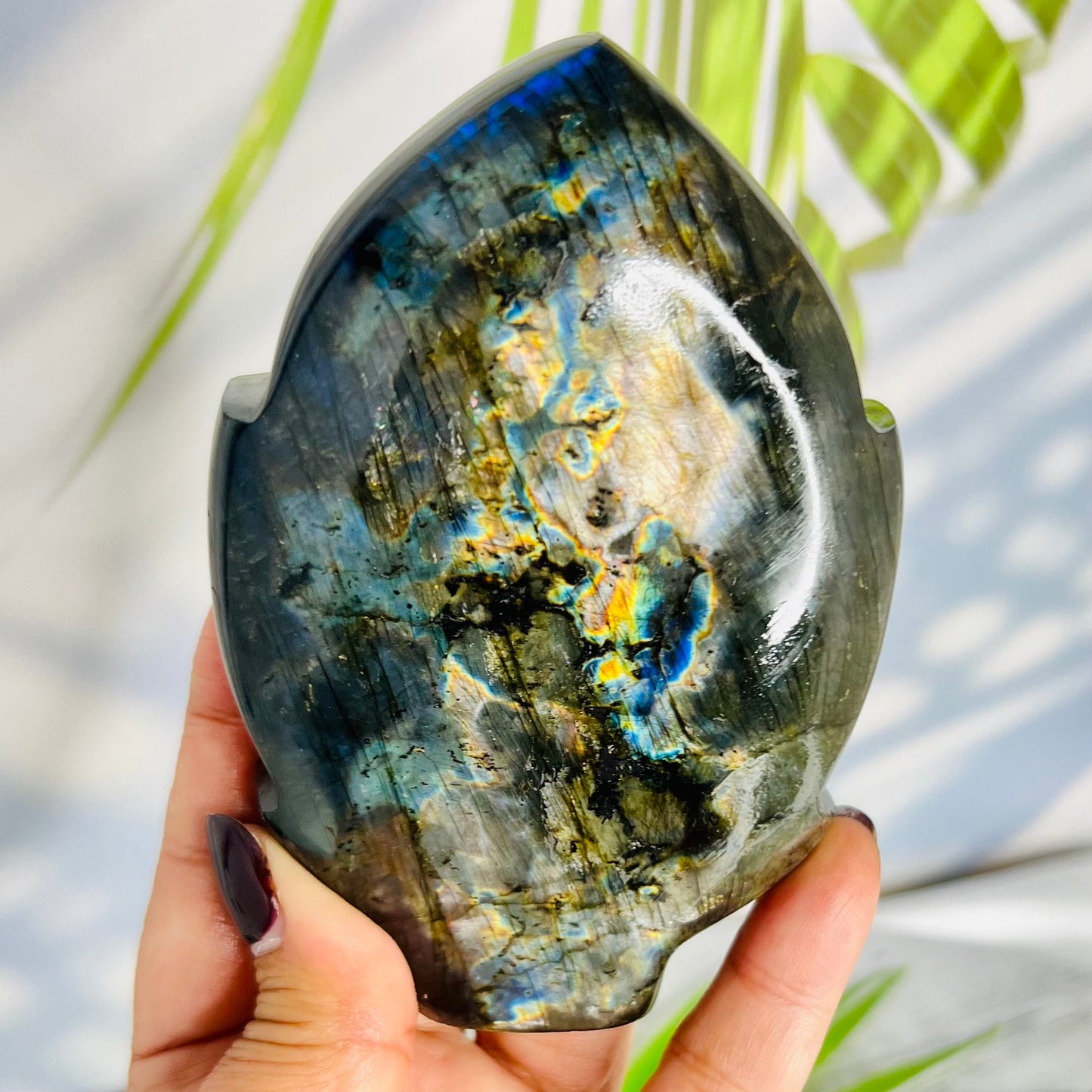 Fire Labradorite Leaf Flashy Crystal Carving 382g