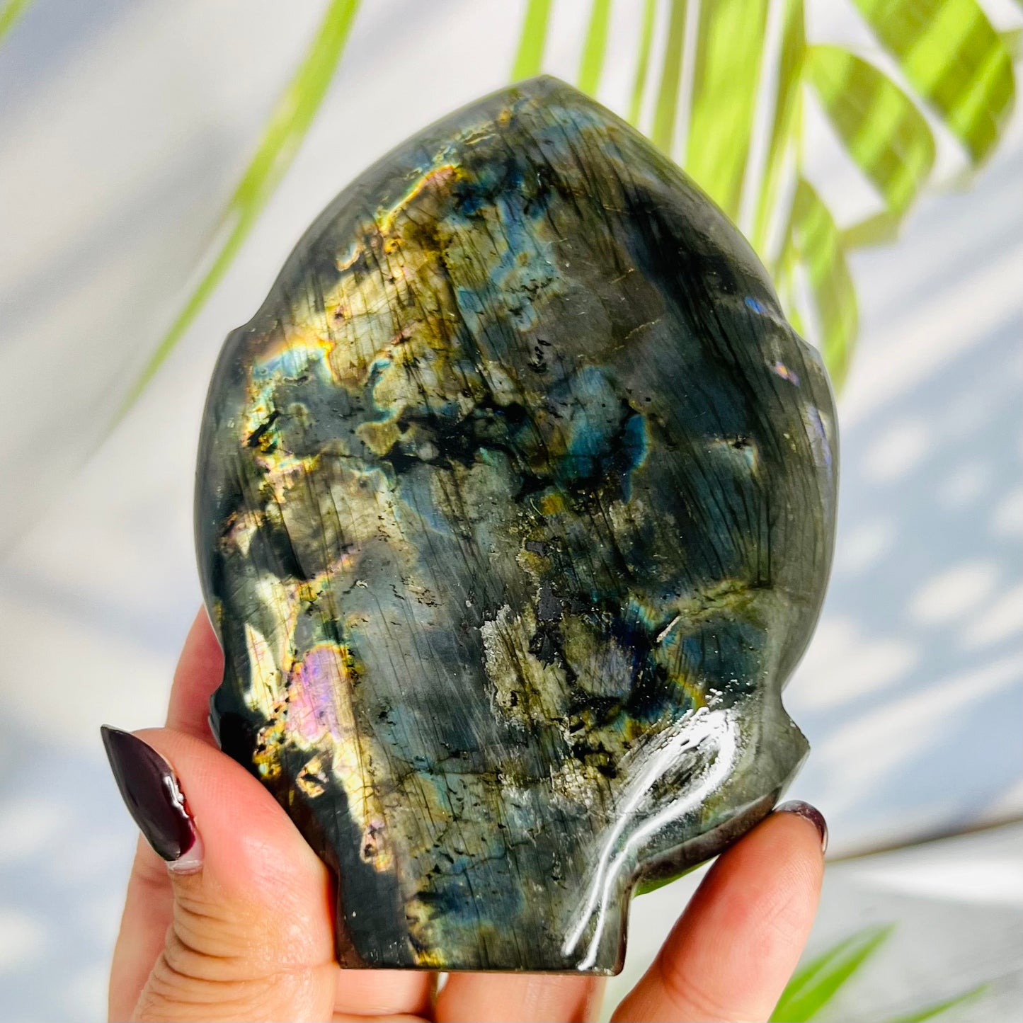 Fire Labradorite Leaf Flashy Crystal Carving 382g