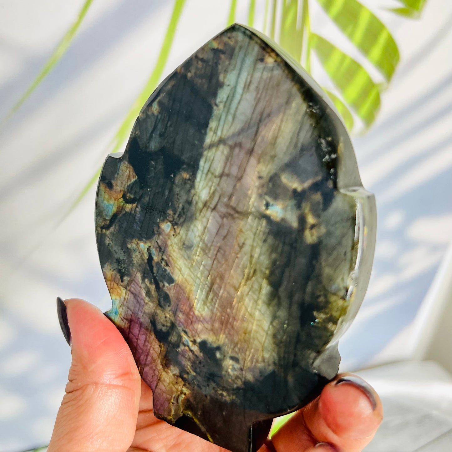 Fire Labradorite Leaf Flashy Crystal Carving 382g