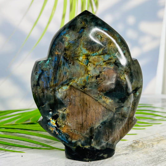 Fire Labradorite Leaf Flashy Crystal Carving 575g