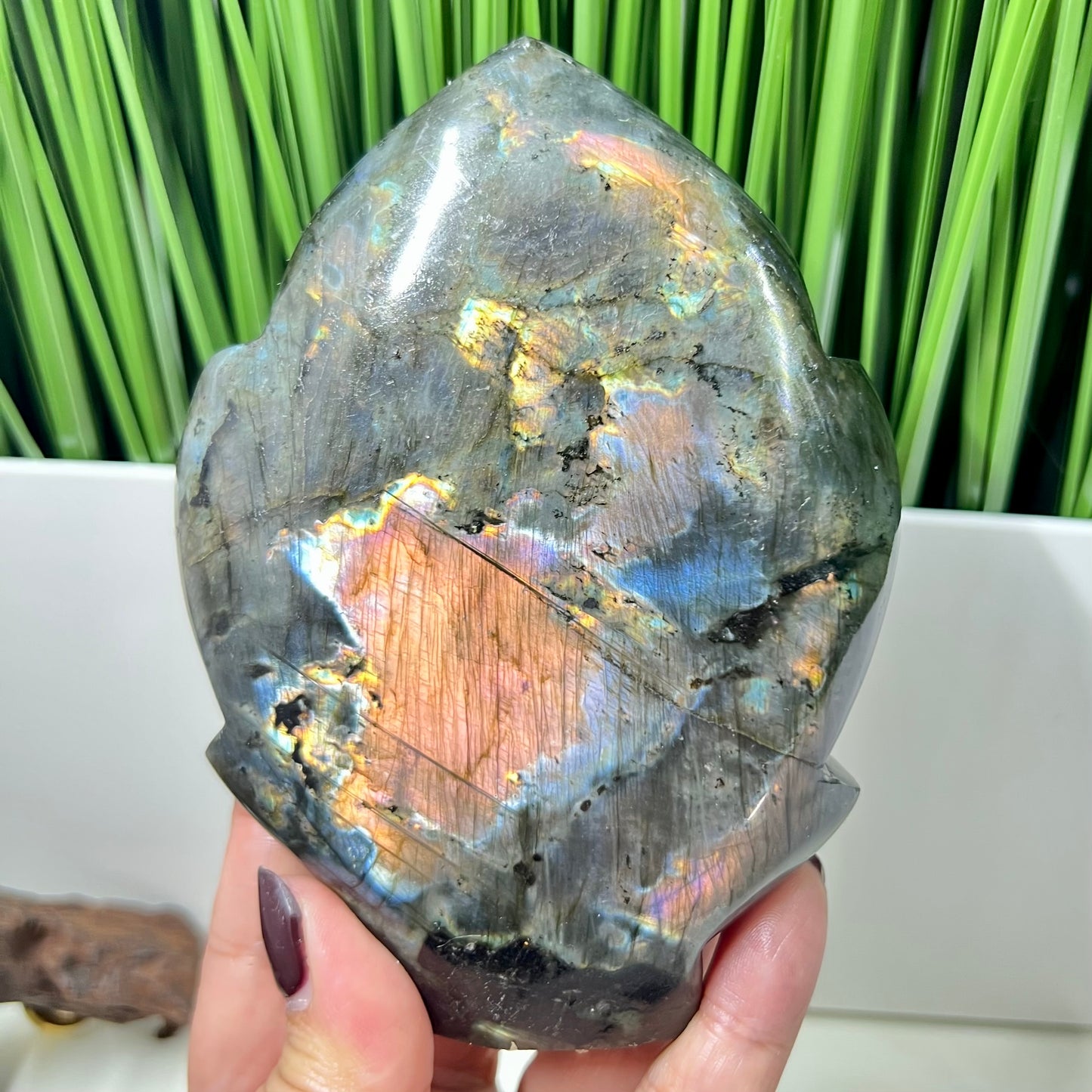 Fire Labradorite Leaf Flashy Crystal Carving 575g