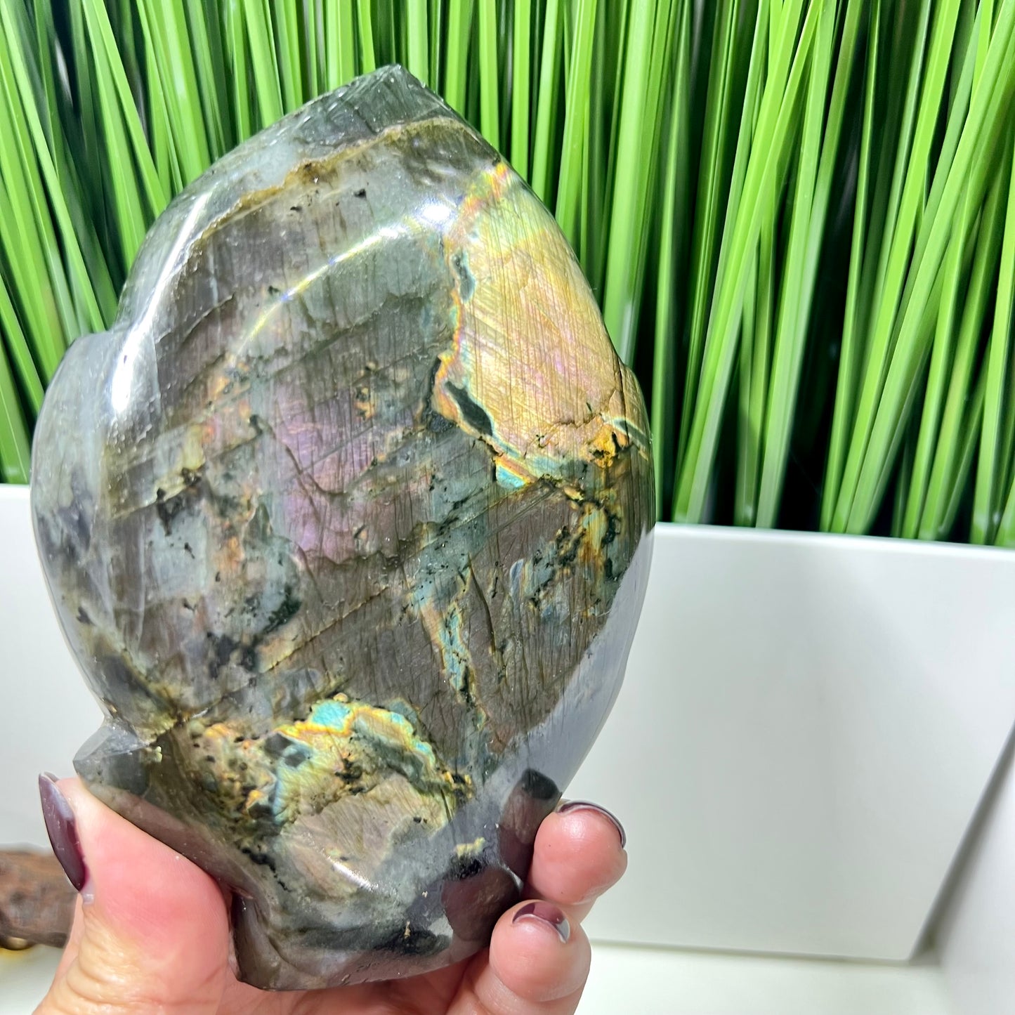 Fire Labradorite Leaf Flashy Crystal Carving 575g