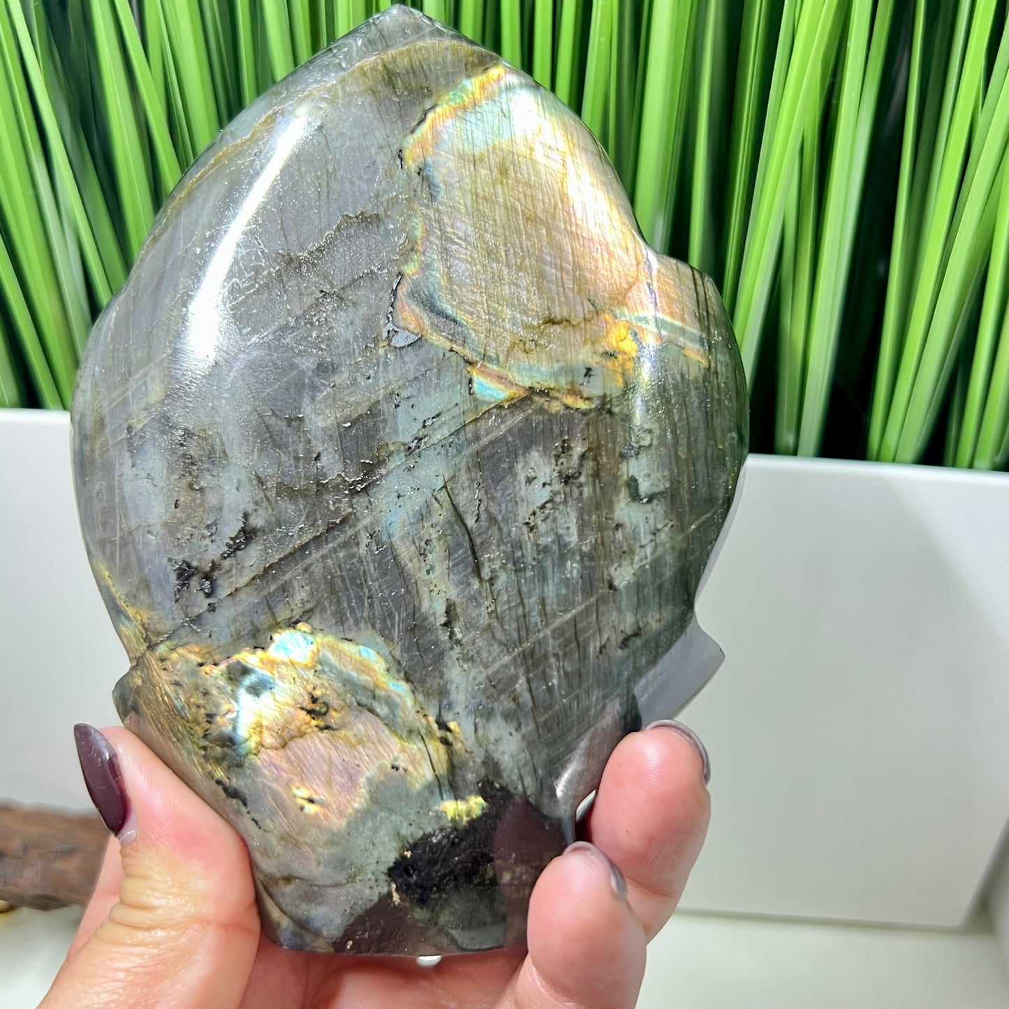 Fire Labradorite Leaf Flashy Crystal Carving 575g