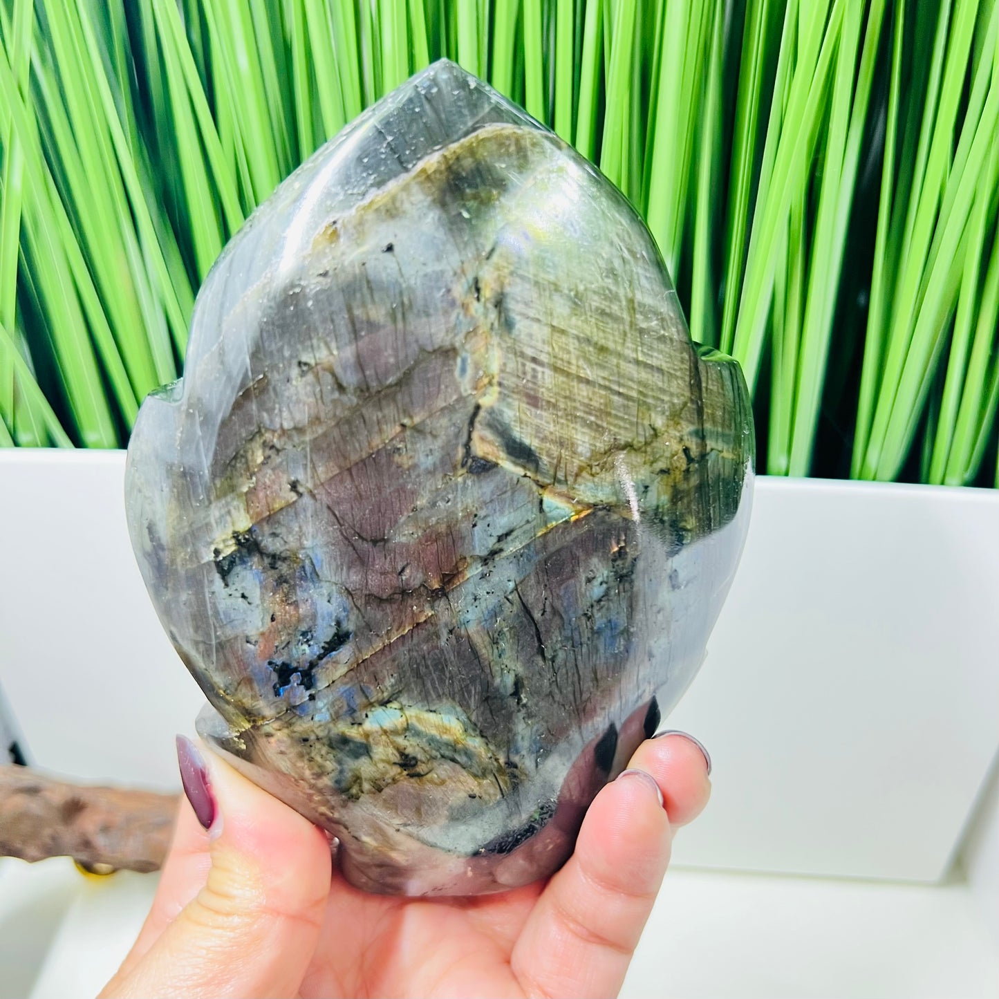 Fire Labradorite Leaf Flashy Crystal Carving 575g
