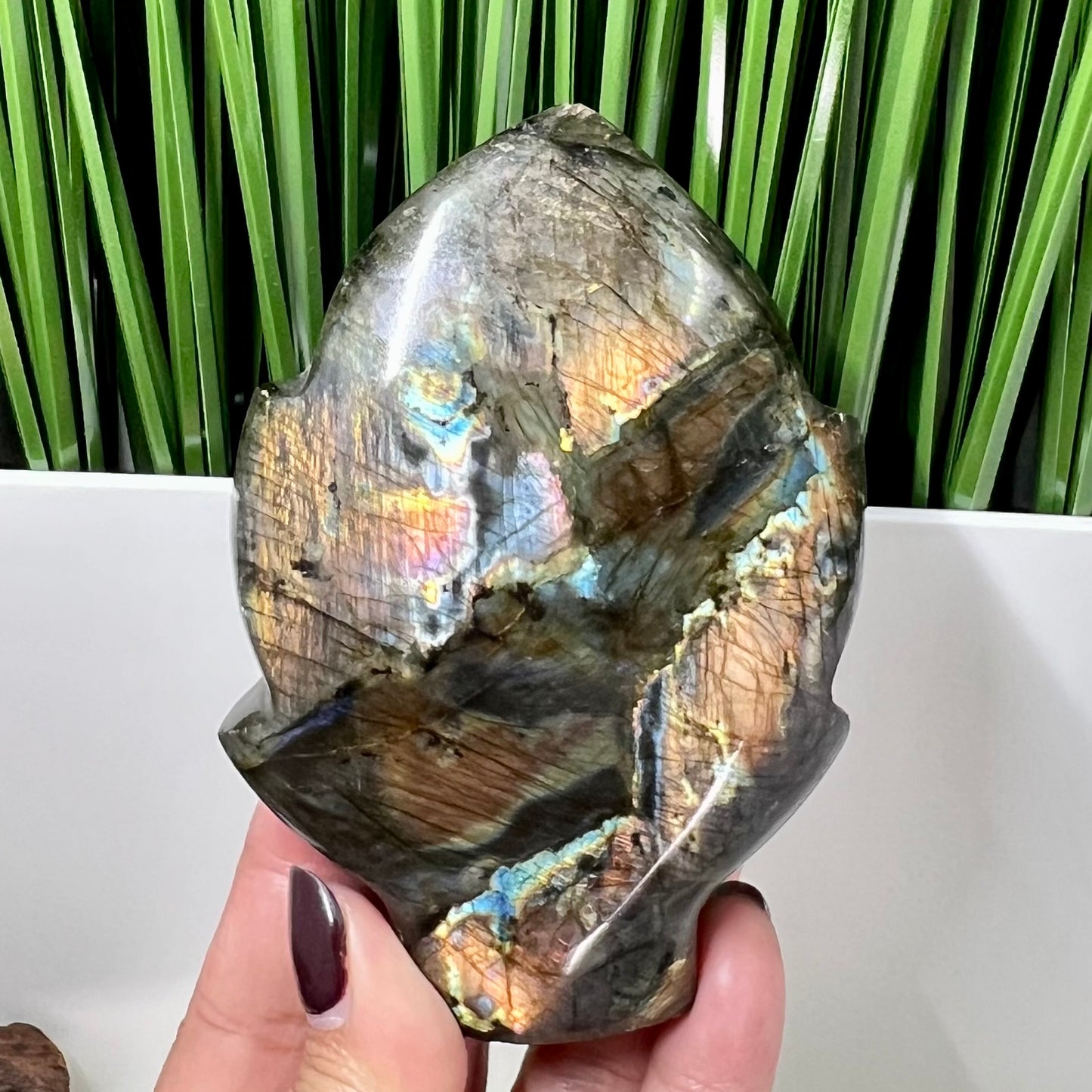 Fire Labradorite Leaf Flashy Crystal Carving 347g