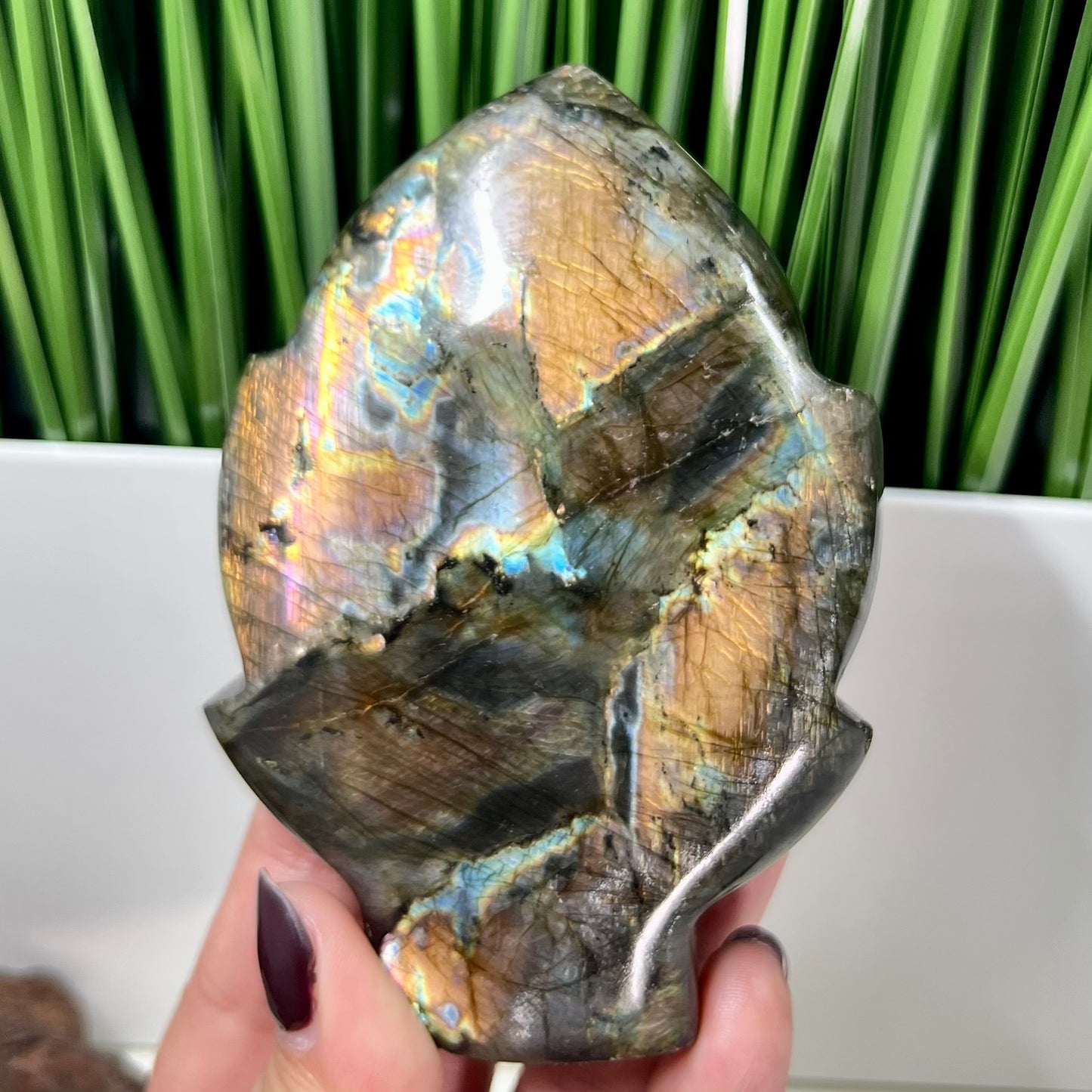 Fire Labradorite Leaf Flashy Crystal Carving 347g