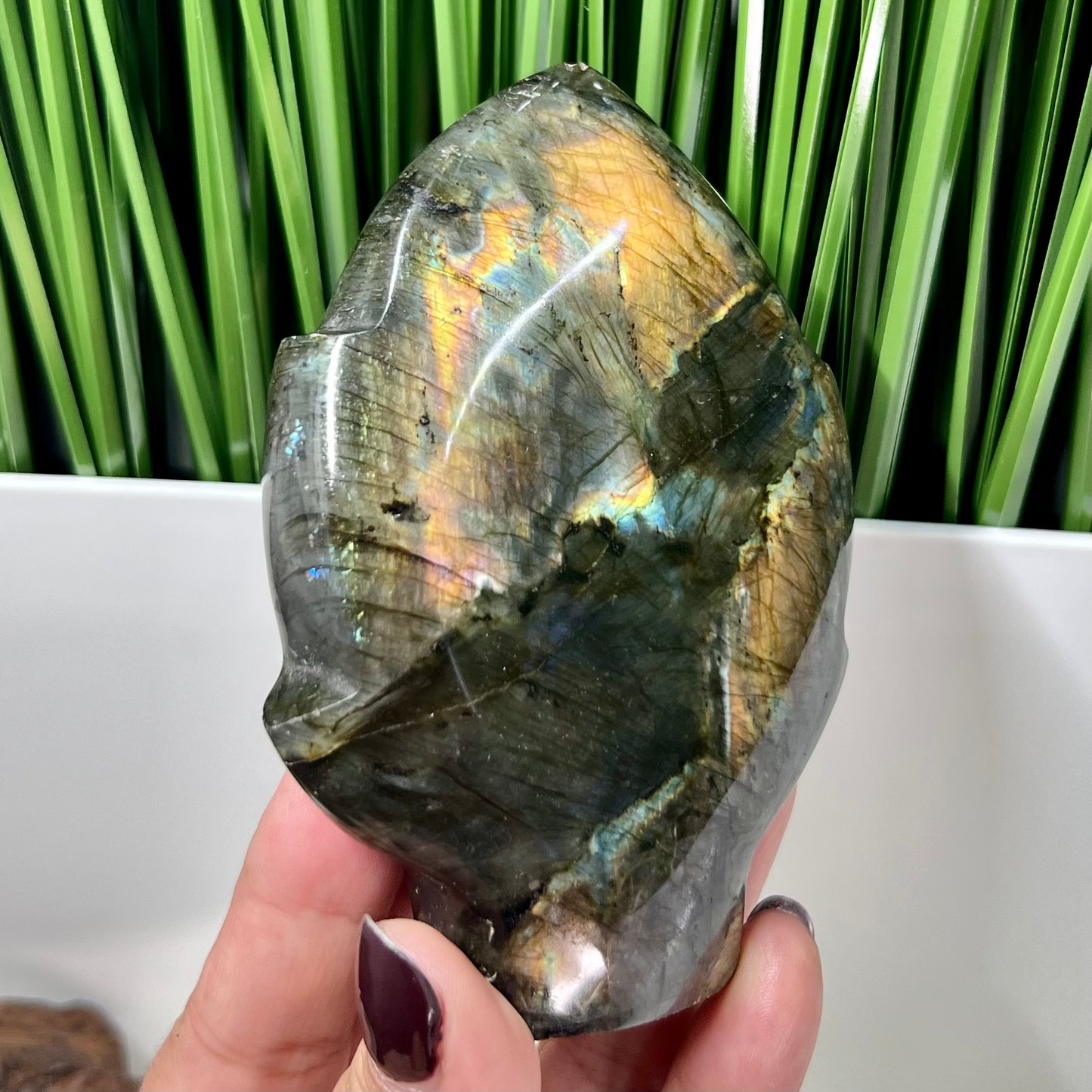 Fire Labradorite Leaf Flashy Crystal Carving 347g