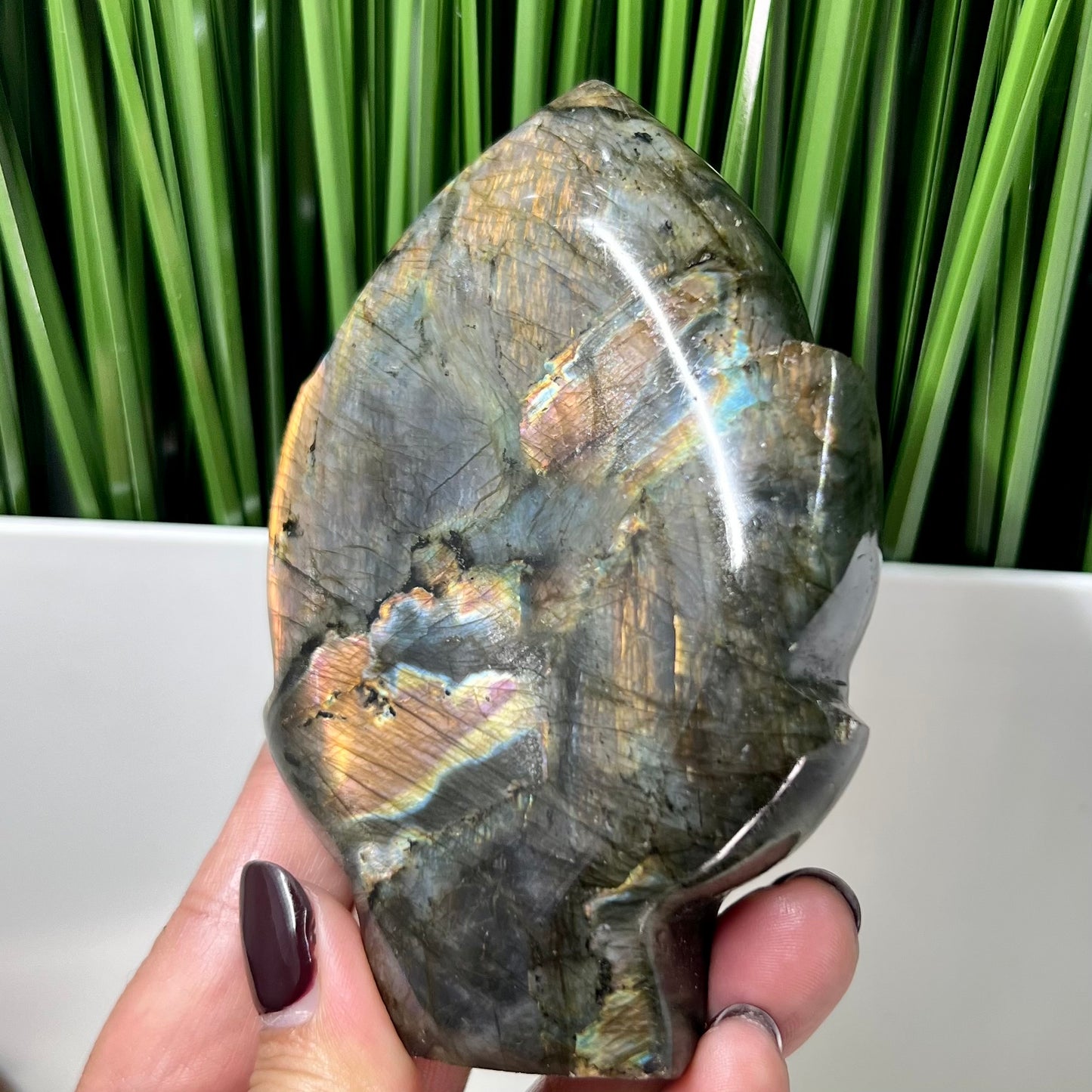 Fire Labradorite Leaf Flashy Crystal Carving 347g
