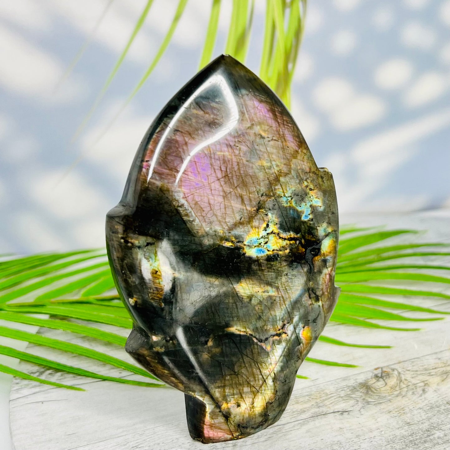 Fire Labradorite Leaf Flashy Crystal Carving 324g