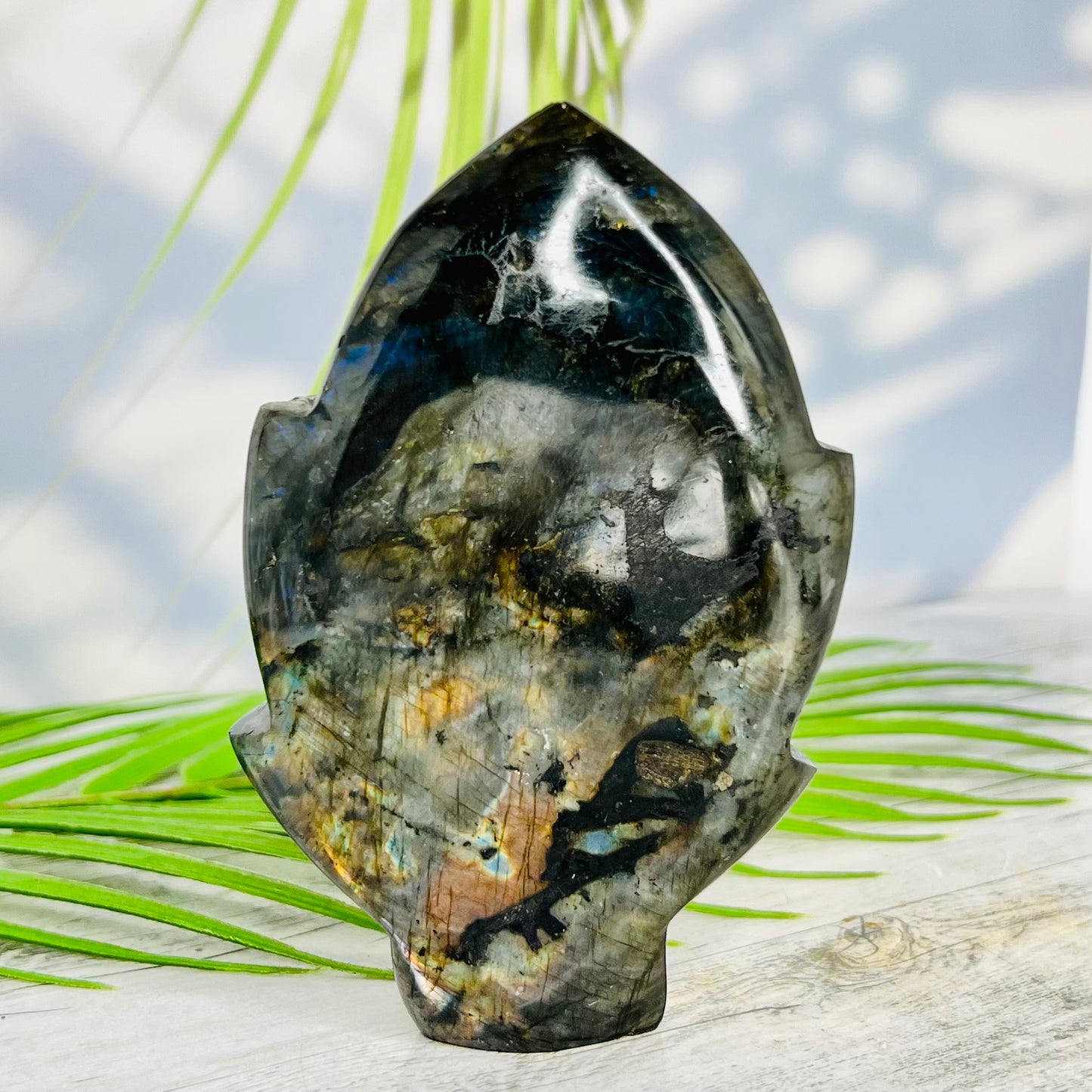 Fire Labradorite Leaf Flashy Crystal Carving 324g