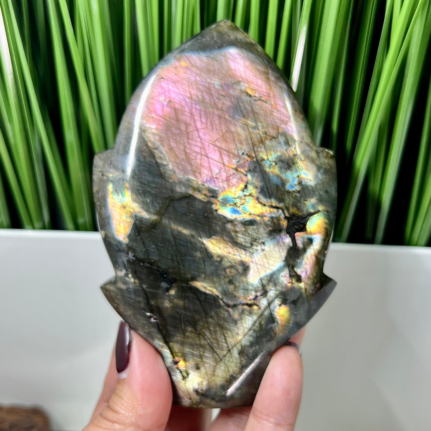Fire Labradorite Leaf Flashy Crystal Carving 324g