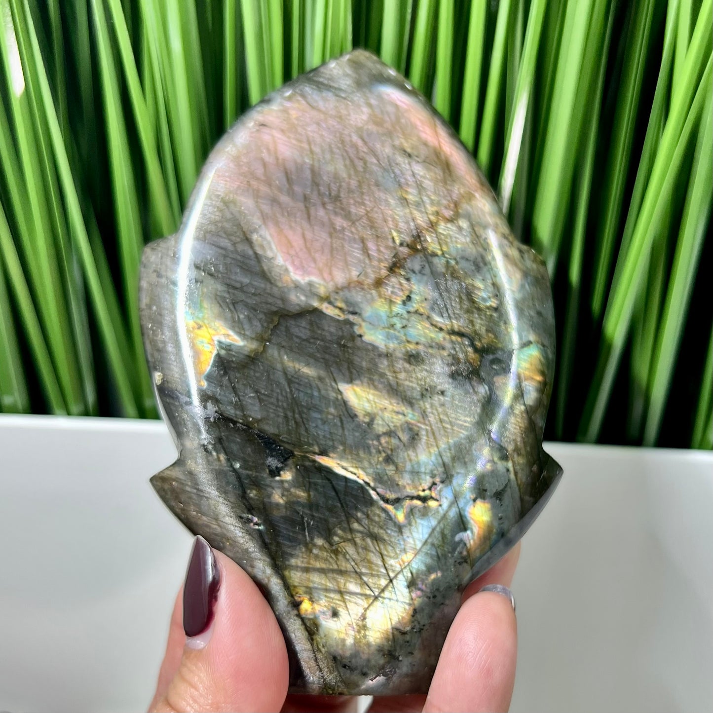 Fire Labradorite Leaf Flashy Crystal Carving 324g