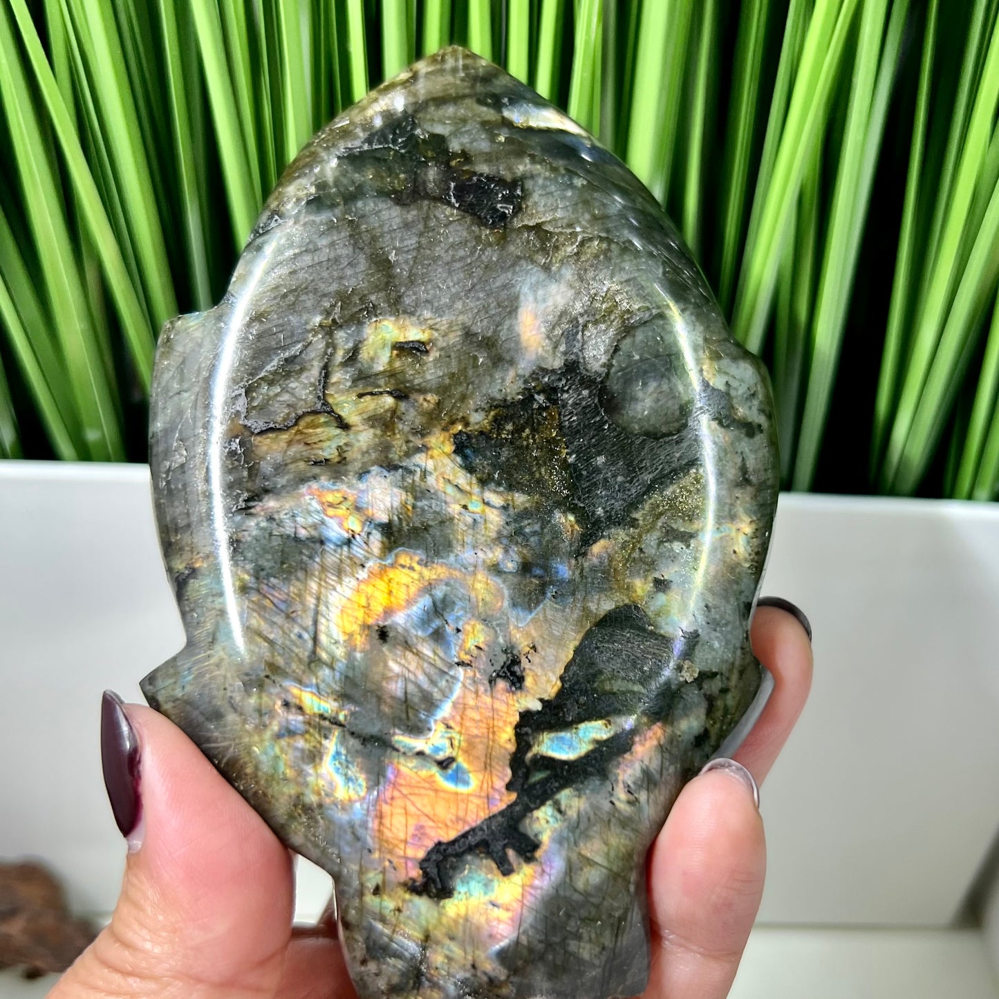 Fire Labradorite Leaf Flashy Crystal Carving 324g