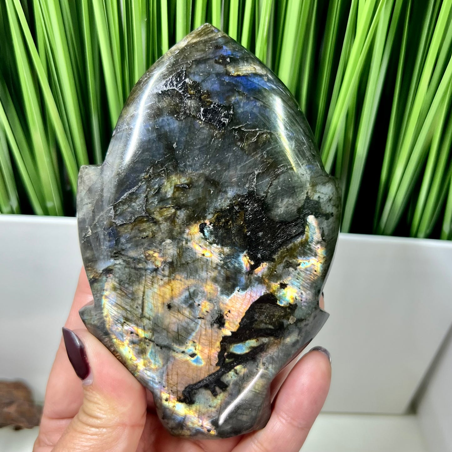 Fire Labradorite Leaf Flashy Crystal Carving 324g