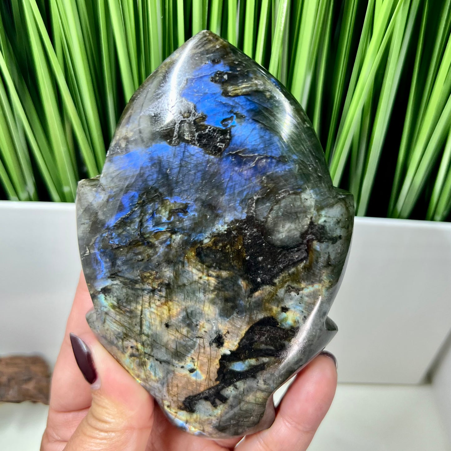 Fire Labradorite Leaf Flashy Crystal Carving 324g