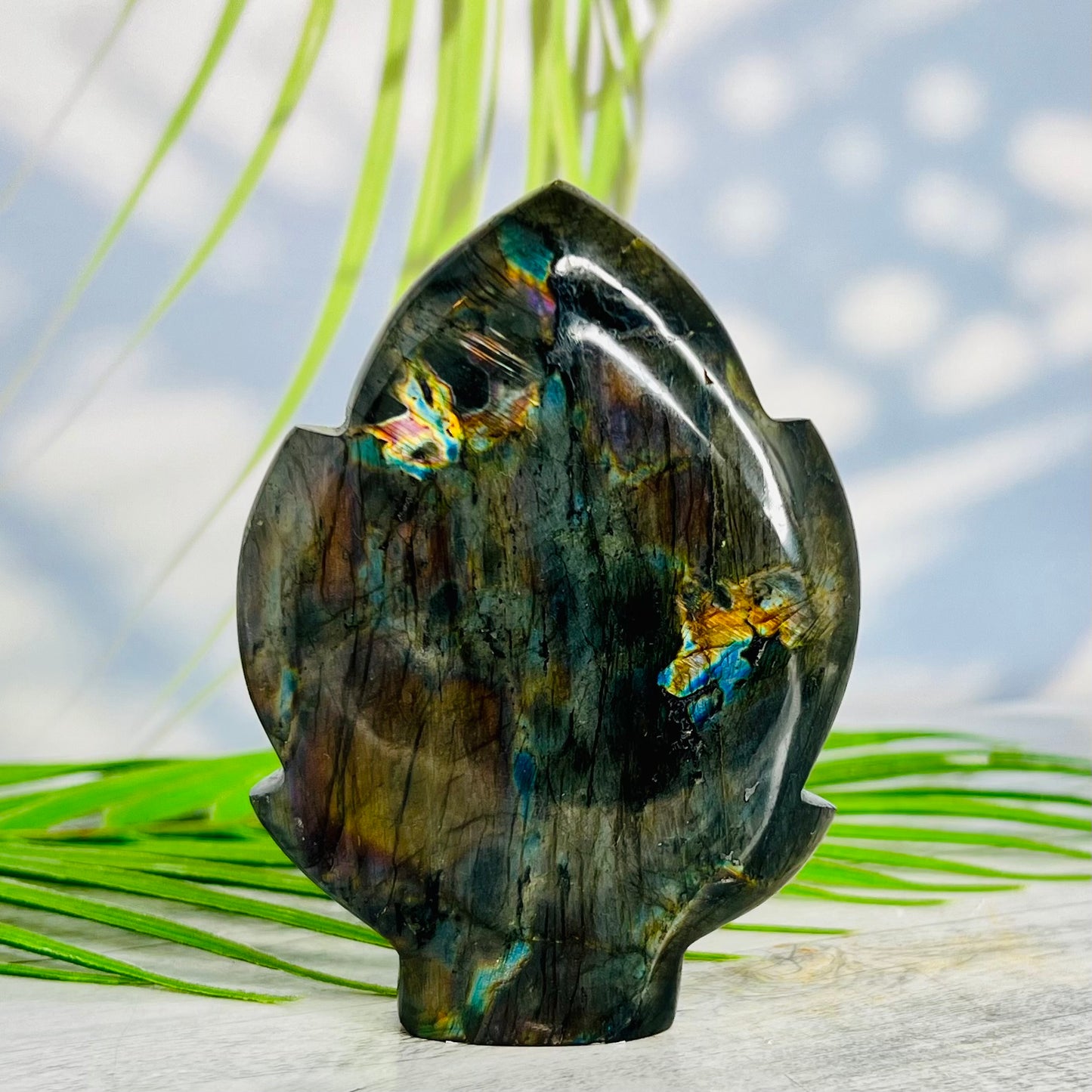 Fire Labradorite Leaf Flashy Crystal Carving 212g