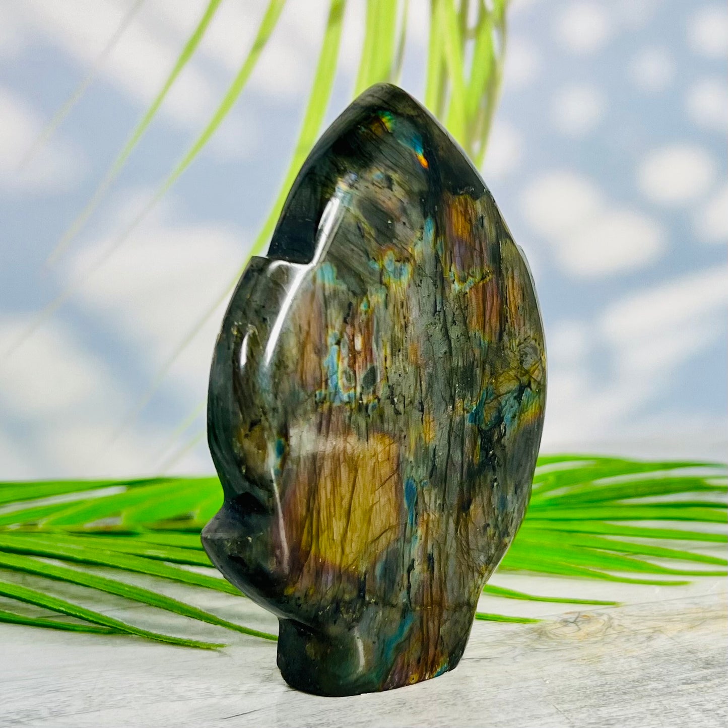 Fire Labradorite Leaf Flashy Crystal Carving 212g