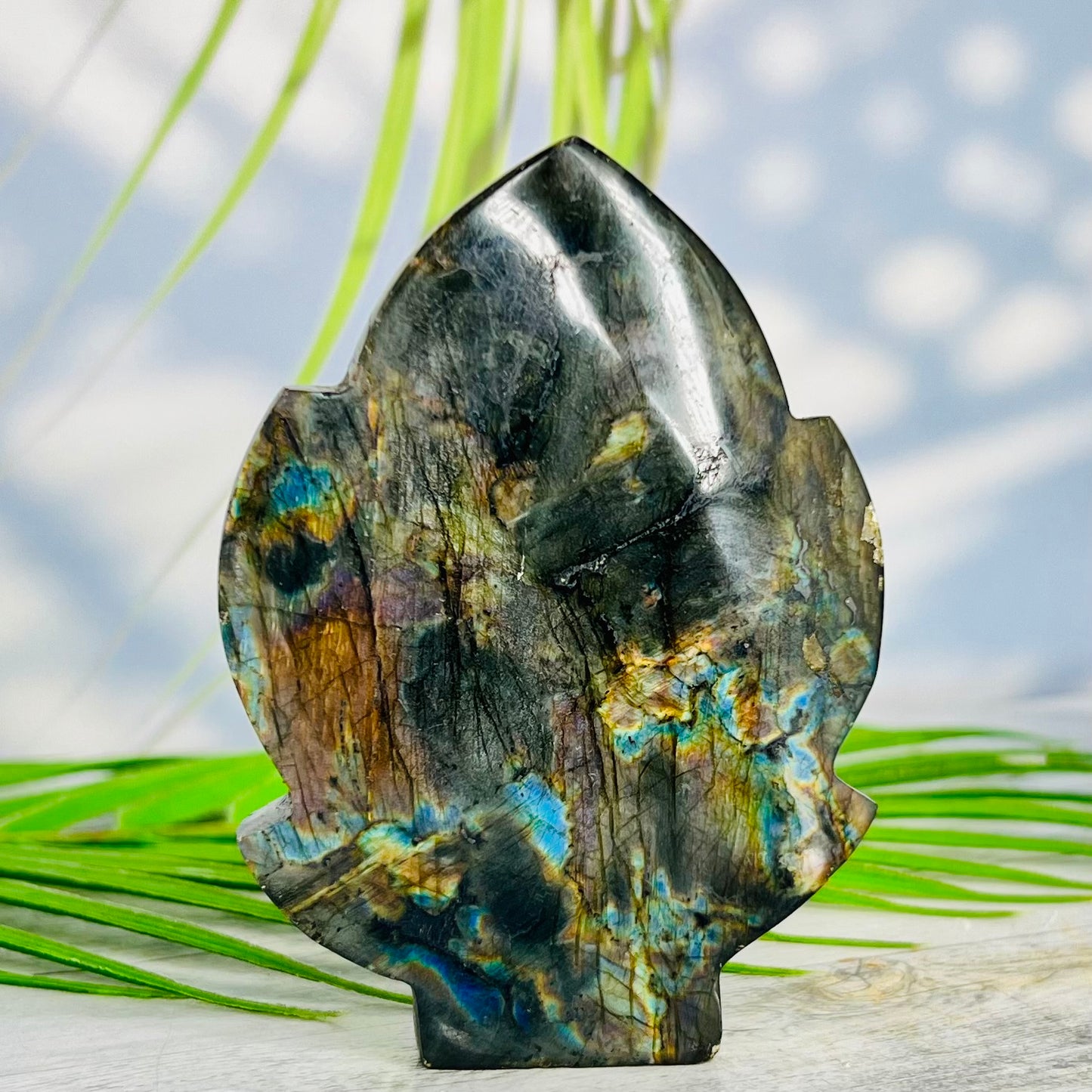 Fire Labradorite Leaf Flashy Crystal Carving 212g