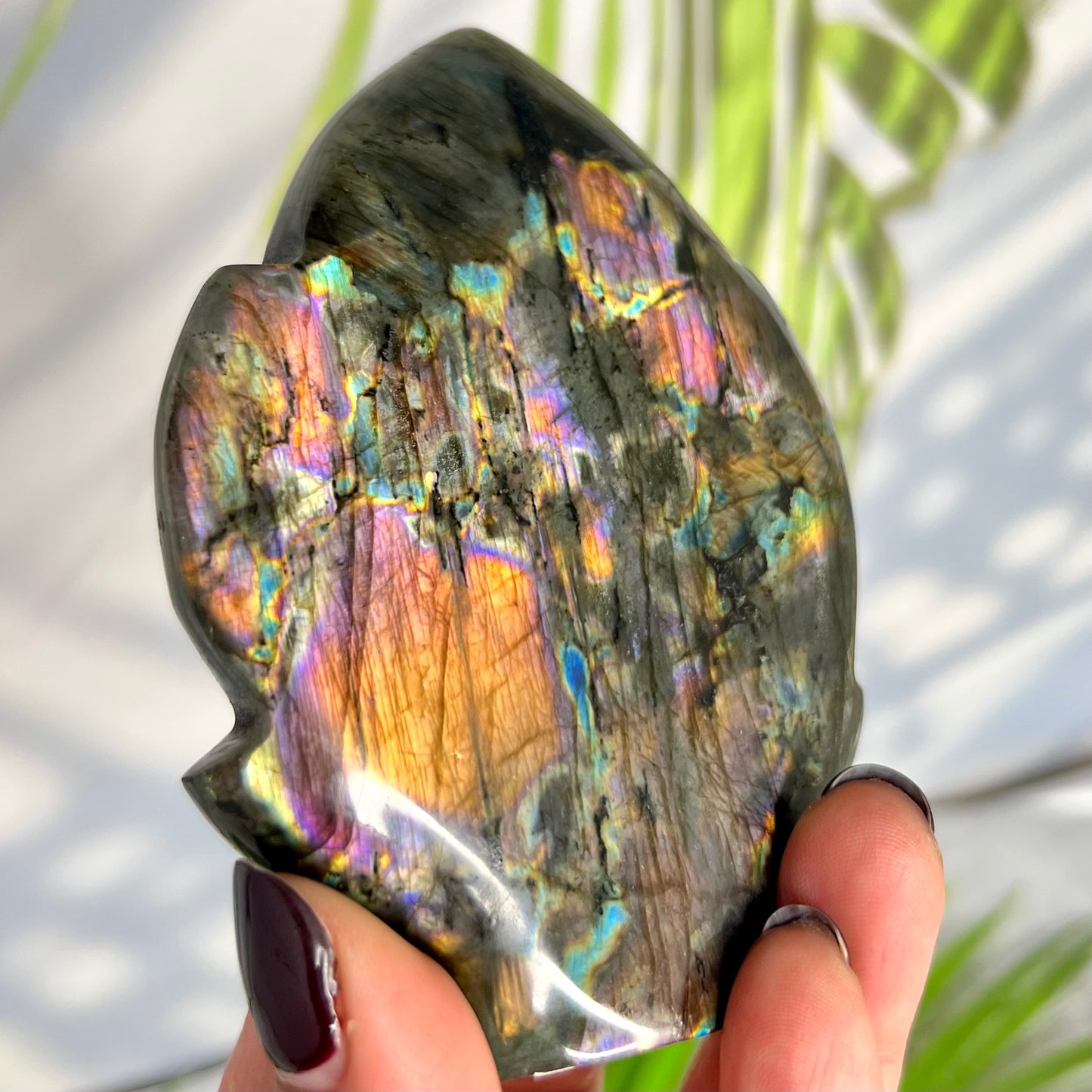 Fire Labradorite Leaf Flashy Crystal Carving 212g