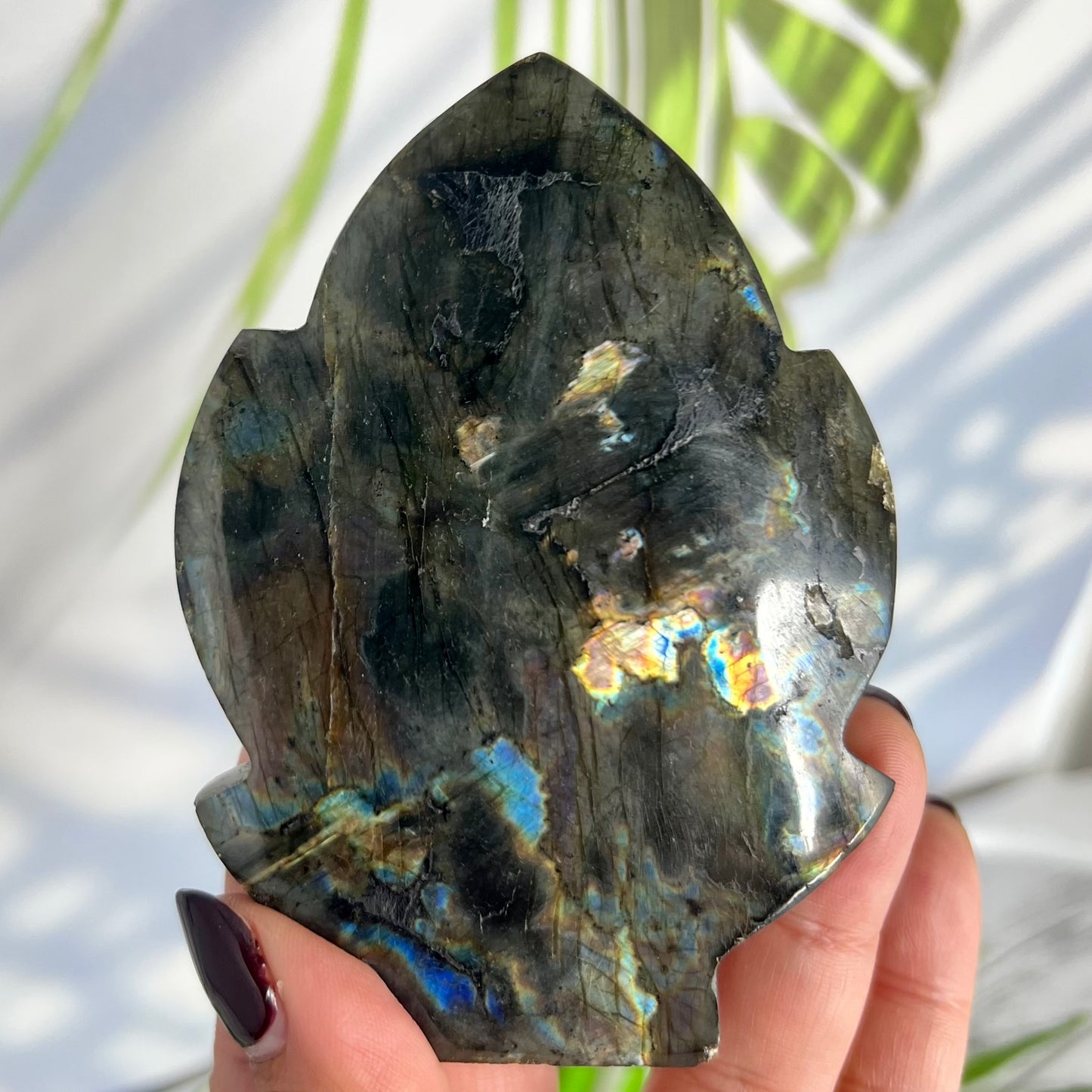 Fire Labradorite Leaf Flashy Crystal Carving 212g