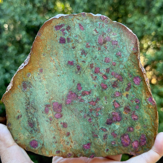 Ruby in Fuchsite Slab UV Reactive Crystal Slice with Stand 458g