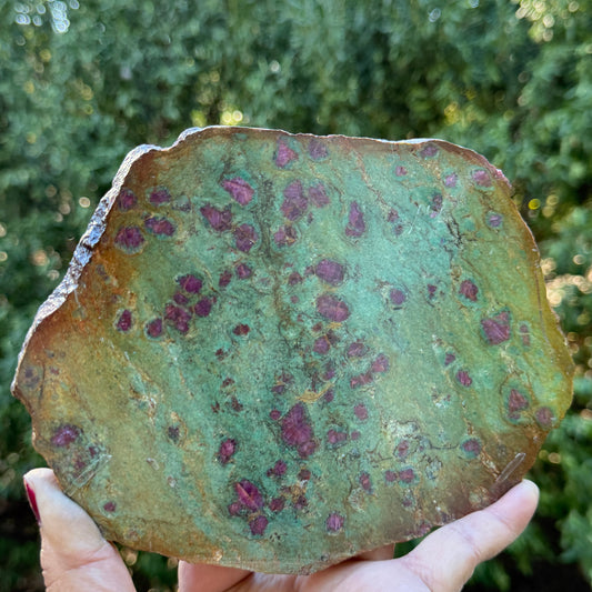 Ruby in Fuchsite Slab UV Reactive Crystal Slice with Stand 538g