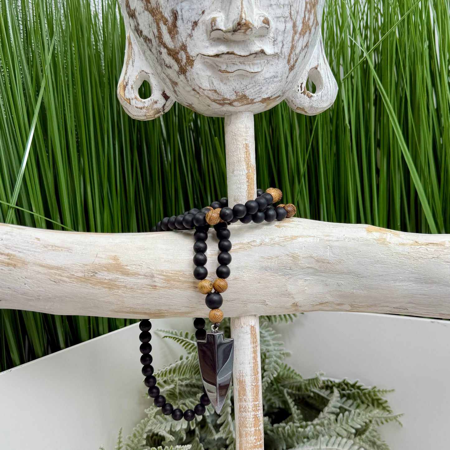 Black Obsidian Wood Necklace Hematite Spear Wearable Trinity Grounding Crystals