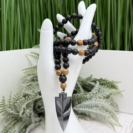 Black Obsidian Wood Necklace Hematite Spear Wearable Trinity Grounding Crystals