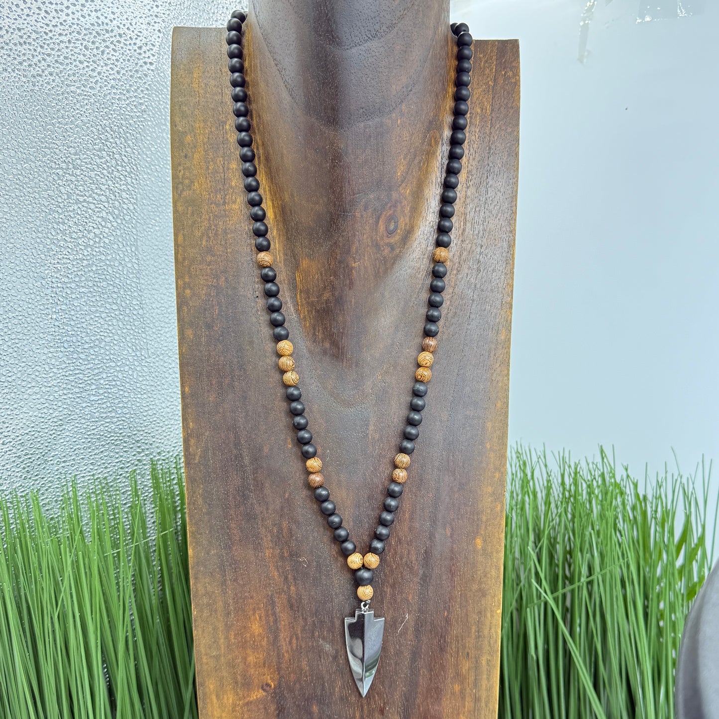 Black Obsidian Wood Necklace Hematite Spear Wearable Trinity Grounding Crystals