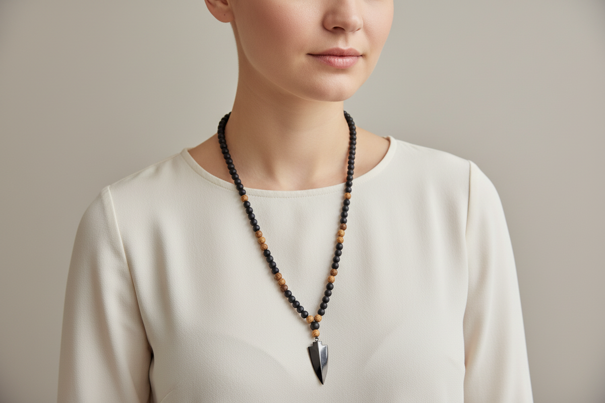 Black Obsidian Wood Necklace Hematite Spear Wearable Trinity Grounding Crystals