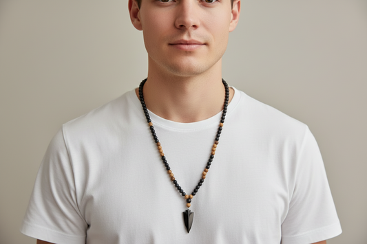 Black Obsidian Wood Necklace Hematite Spear Wearable Trinity Grounding Crystals