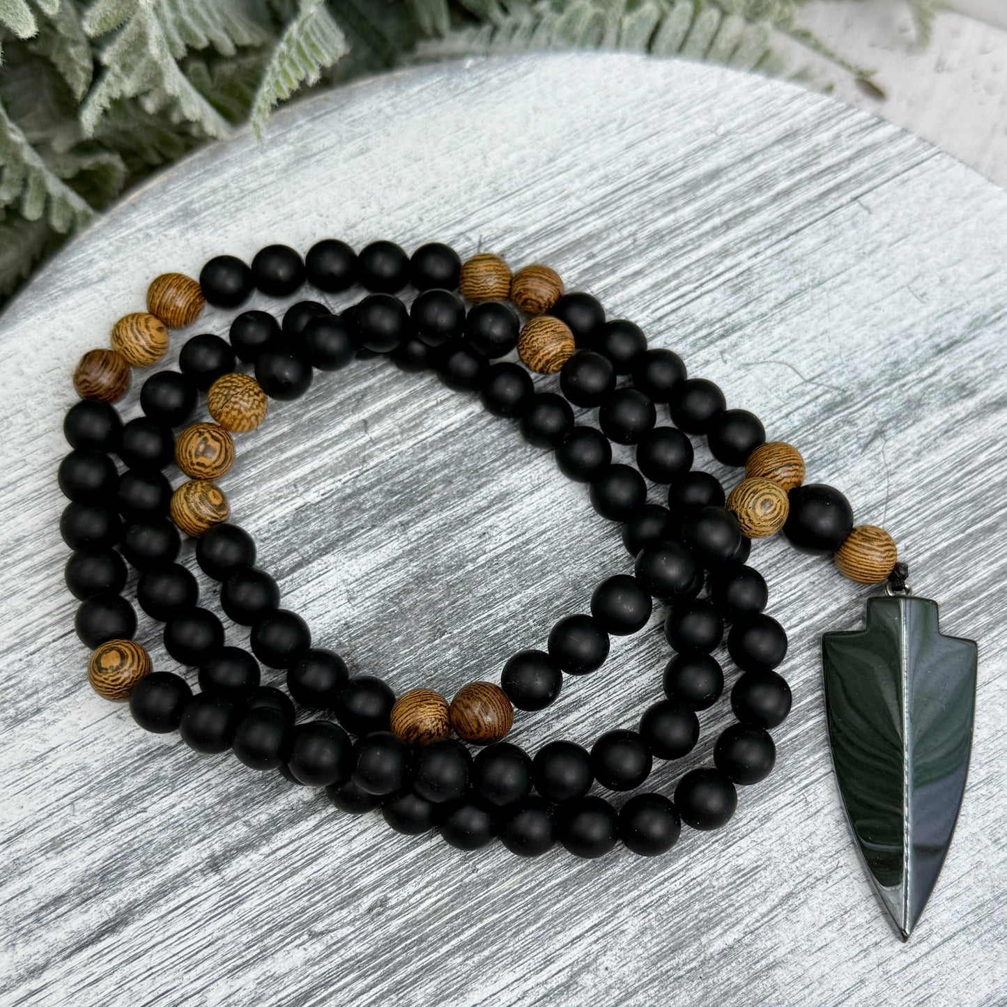 Black Obsidian Wood Necklace Hematite Spear Wearable Trinity Grounding Crystals
