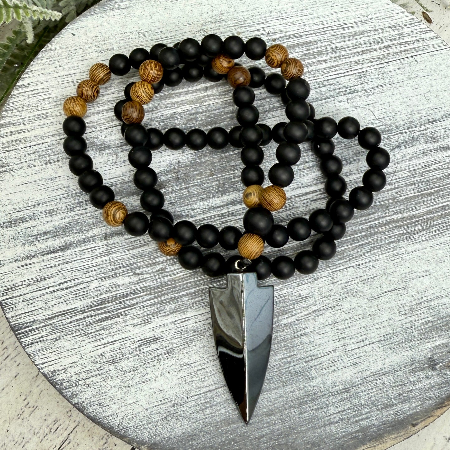 Black Obsidian Wood Necklace Hematite Spear Wearable Trinity Grounding Crystals
